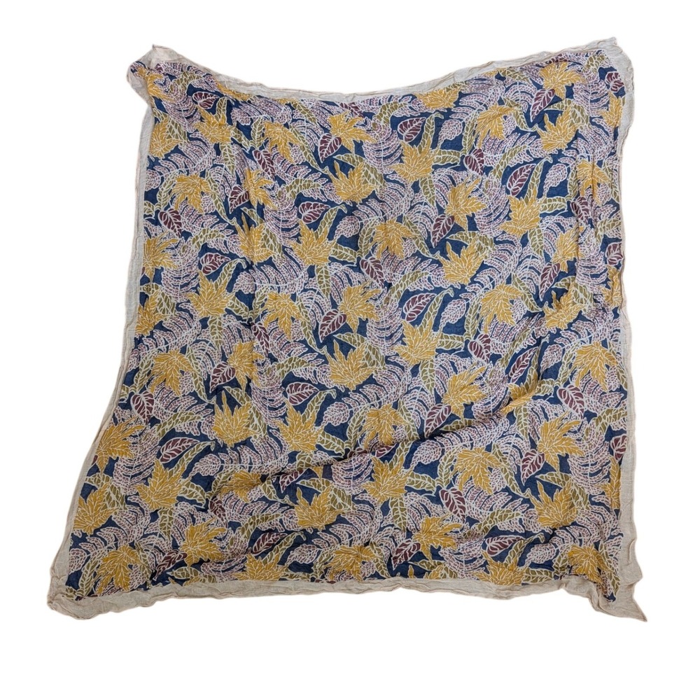 Monoprix Femme Ecru Botanical Leaf Print Square Scarf 100% Viscose Navy Yellow